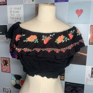 Floral Black Off-Shoulder Top Bohemian Flounce Crop Top